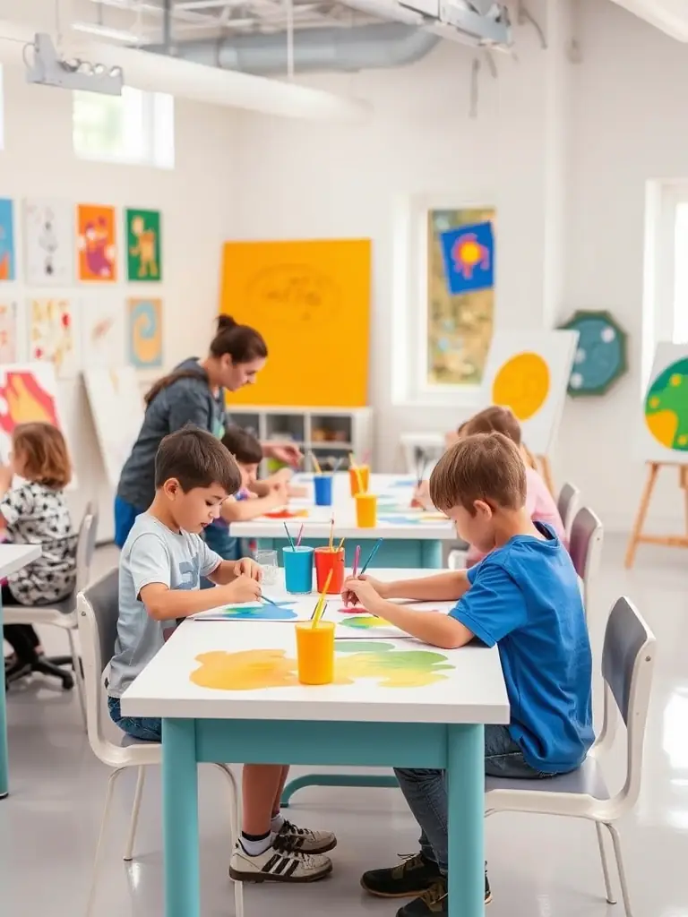 A photograph capturing a group of children with autism participating in an art therapy session, showcasing their creativity and engagement.
