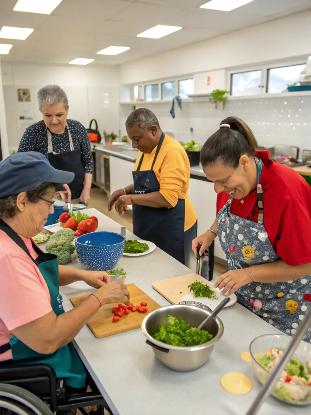 A group of young adults with autism participating in a cooking class, smiling and engaged, in a brightly lit kitchen setting, emphasizing social interaction and skill-building.