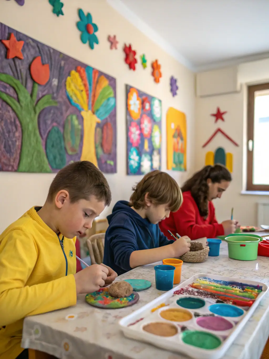 A diverse group of individuals with autism working together on an art project, showcasing creativity and collaboration, in a supportive and inclusive environment.