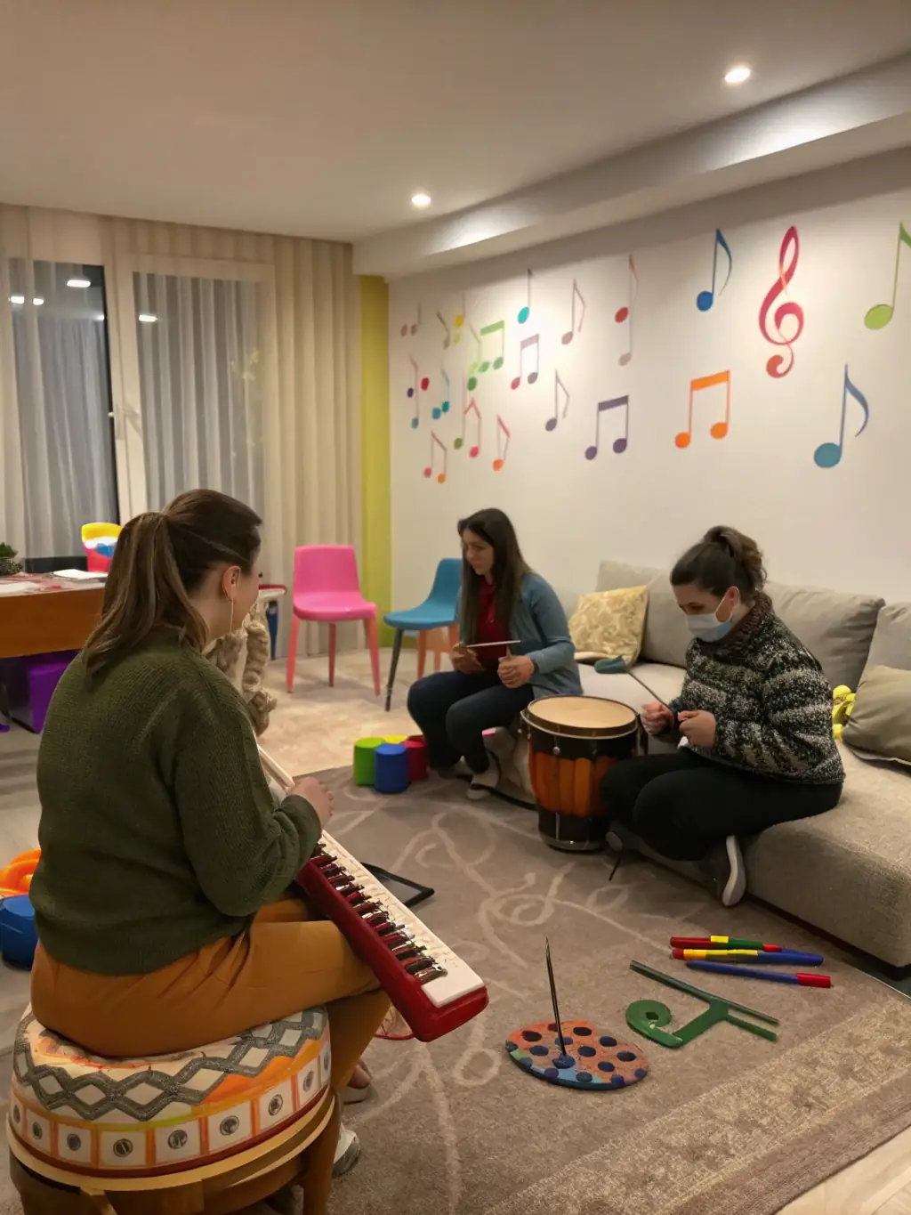 A therapist leading a music therapy session with children with autism, using instruments and songs to enhance communication and emotional expression.