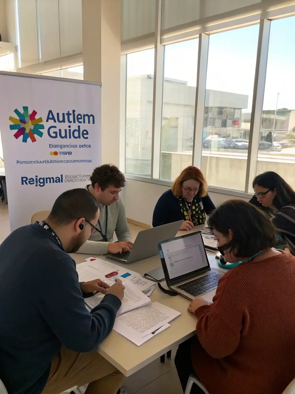 A group of adults with autism participating in a job skills training session, learning resume writing and interview techniques, in a professional setting.