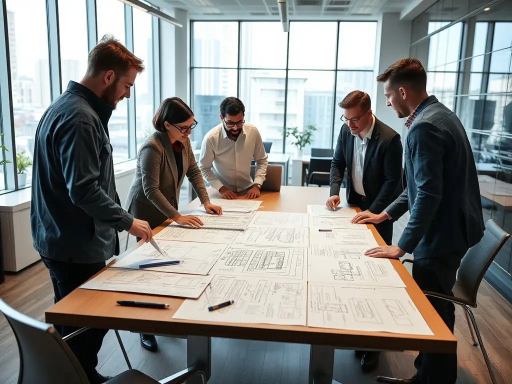 An image depicting a group of agricultural engineers participating in a career counseling session, discussing their career goals and strategies with a counselor.